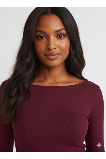 Dilvin 31401 Gathered Boat Neck Top-Dark Red (Bordo)