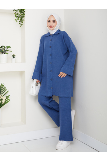 FERHEL Oversize Ribbed Steel Knit Detailed Cardigan Pants Knitwear Set