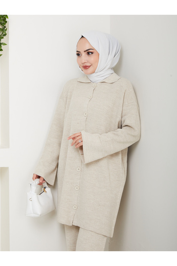 FERHEL Oversize Ribbed Steel Knit Detailed Cardigan Pants Knitwear Set