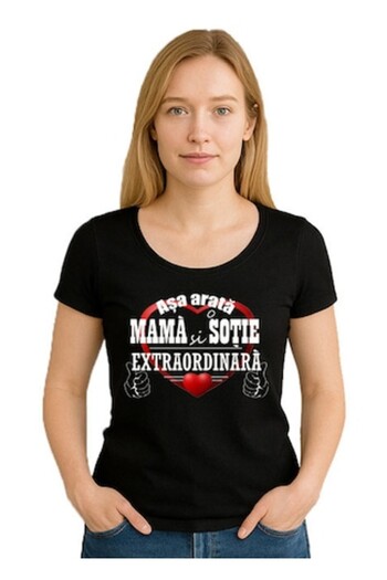 OEM Women's T-shirt with heart text 'This is how an AMAZING MOM and WIFE looks', 100% cotton, black, XL