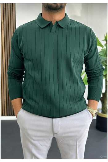 LİBASSİNİ Men's Open Collar Sports Fit Sweater Green