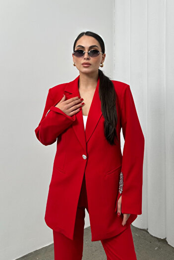 SUXİRCNHTMTS Kadın Taşlı Bilek Detaylı İkili Takım Elbise - Şık & Modern Stil