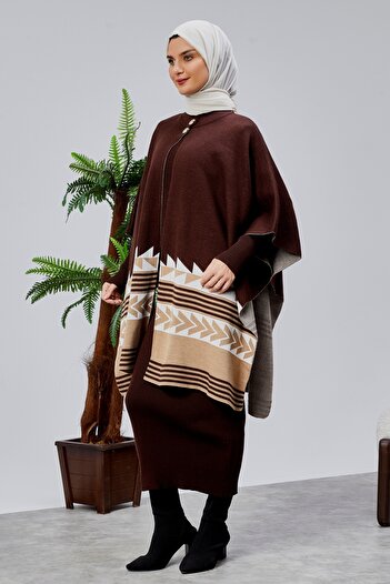 CNR TEKSTİL Tricot Poncho with Ethnic Patterned Accessories
