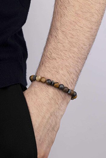 Gümüş Pazarım Hematite Transitional Matte Tiger Eye Natural Stone Men's Bracelet