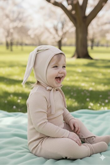 Babygiz Baby Girl and Boy 100% Cotton Combed Extra Soft Rabbit Ear Lace-Up Double Layer Beanie