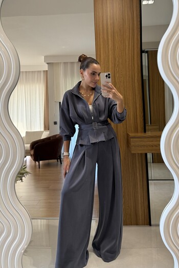 solena sln Women's Anthracite Wide Leg Modal Suit with Belt Detail