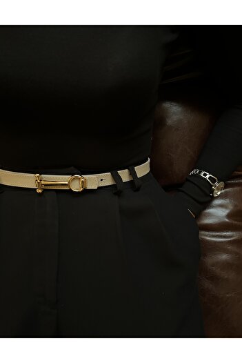 LİA KEMER Classic Gold Long Buckle Model Women's Belt Waist Belt Coat Belt Dress Belt Trouser Belt