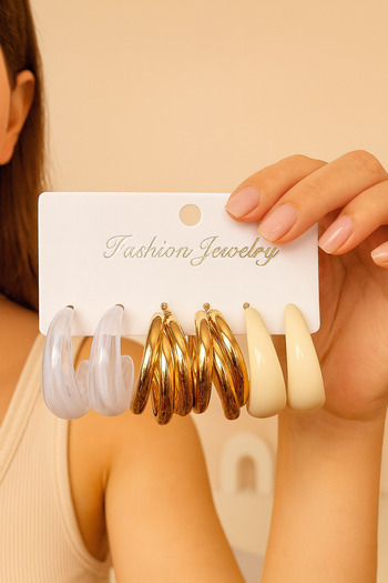 PABALAS Elegant Gold Color 3 Hoop Earrings and Resin Round Design Set of 6 Earrings