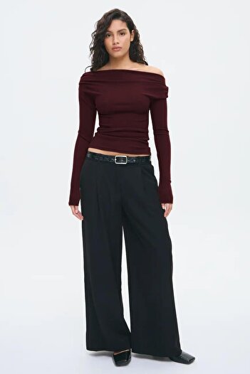Madmext Burgundy Women's Off Shoulder Long Sleeve Blouse Mg2567