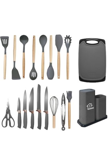 Welora Kitchen Utensil Set 19 Pieces Wood and Food Grade Silicone, Knives, Chopper, Heat Resistant,