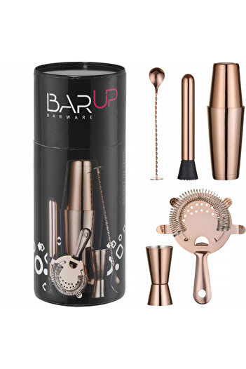 Other Bartender set in a tube, shaker, jigger, strainer, muddler, spoon - copper