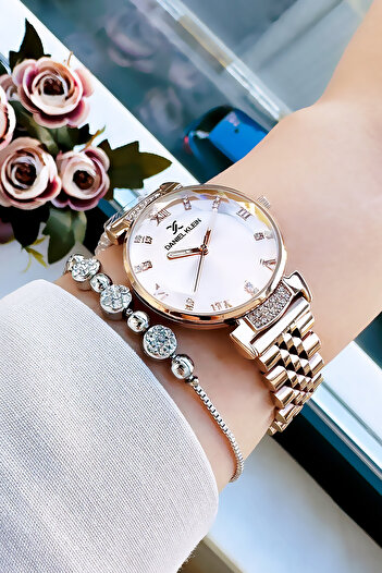 Daniel Klein Original Women's Wristwatch, Cut Glass Waterproof Rose Color Steel Band - Bracelet Gift Dkby2050C7