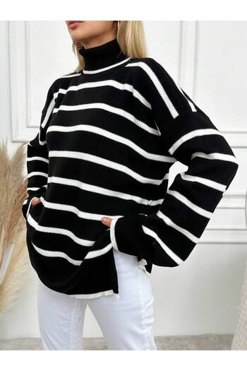 ÇEÇİM Women's Striped High Neck Knit Sweater Zyn-58815