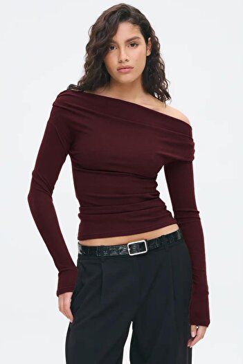 Madmext Burgundy Women's Off Shoulder Long Sleeve Blouse Mg2567