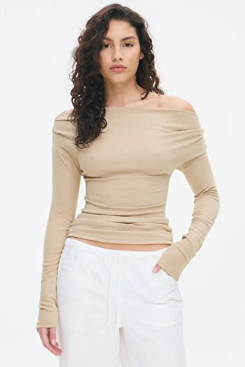 Madmext Beige Women's Off Shoulder Long Sleeve Blouse Mg2567