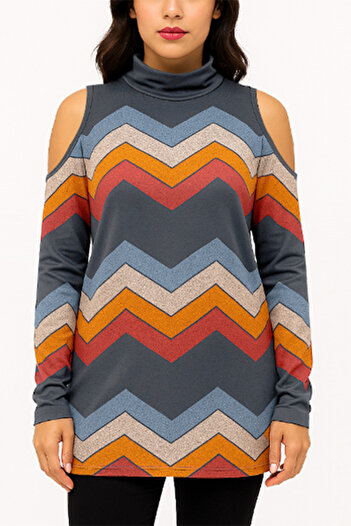 dorbe high neck off shoulder long sleeve geometric print women's knit top women's blouse