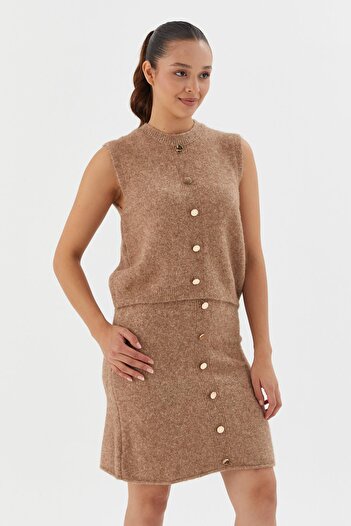Shopping Shop Button Detailed Vest Skirt Set Beige