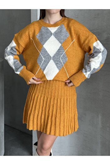 Knitoryx Women's Diamond Patterned Knitwear Sweater Skirt Set – Oversize Model |