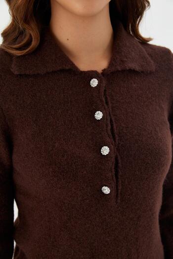 Shopping Shop Soft Textured Buttoned Knit Sweater Brown