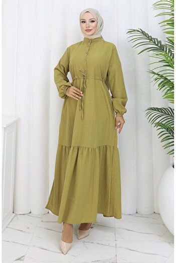 sefamerve Lace-Up Half-Button Dress 0183-04 Oil Green