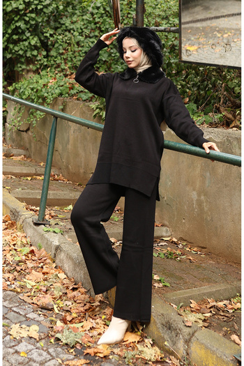 sefamerve Knitwear Fur Collar Tunic Trousers Double Suit 1059-03 Black