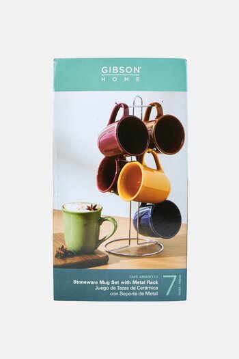 Gibson Home 7 Pieces Stoneware Mug Set With Metal Rack, Multicolor