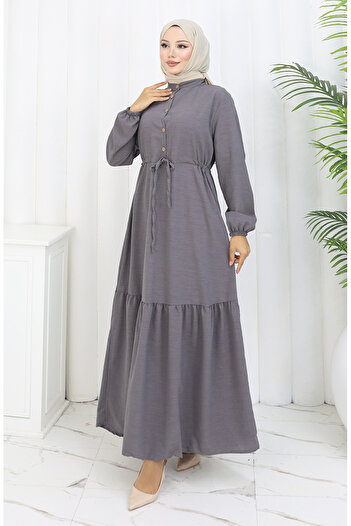 sefamerve Beli Lace-Up Half Button Dress 0182-02 Gray