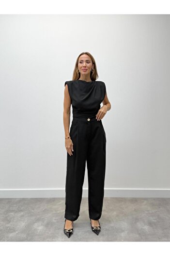Maldia Shop Women's Padded Drape Detail Bottom Top Black Pants Set
