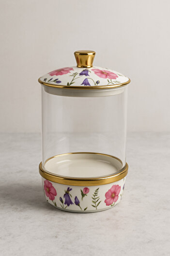 Karma Home Flower Pattern Glass Porcelain Storage Container, Jar Porcelain with Lid and Gold Detail - Medium Size