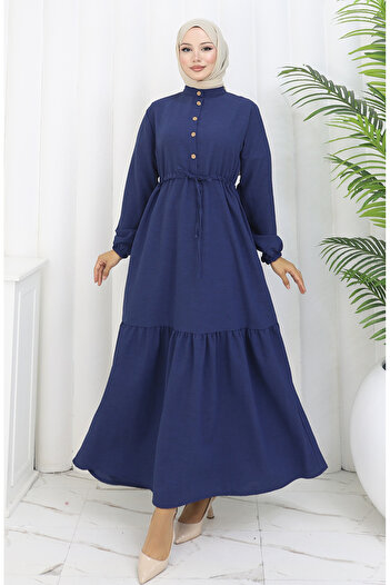 sefamerve Beli Lace-Up Half Button Dress 0182-05 Navy Blue