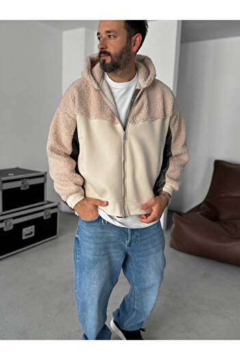 BYBASICMAN Beige Sleeve Quilted Hooded Plush Sweatshirt Yp-5004