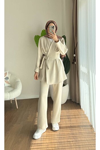RFK Butik Women's Scuba Double Suit with Tie - Beige