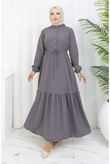 sefamerve Beli Lace-Up Half Button Dress 0182-02 Gray