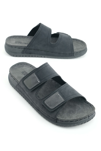 GEZER Summer Men's Faux Leather Comfortable Insole Two Velcro Belt Adjustable Daily Slippers