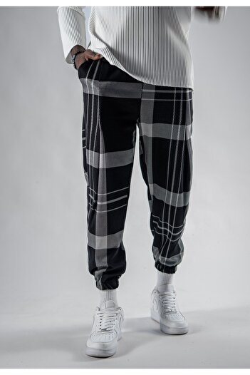 Superbluemexico Unisex Jacquard Plaid Patterned Jogger Pants