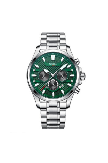 Nibosi Men's Wristwatch Steel Analog Quartz Mechanism Silver Green Luminous Hands