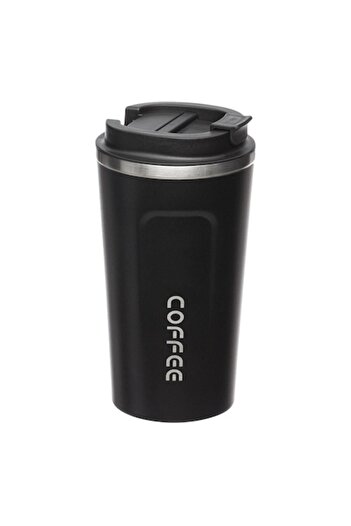 SHOPIENS Metal Insulated Cup, Coffee Model, Black, 0.5 L, Plastic Lid with Pouring Spout