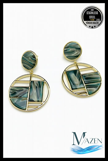 MAZEN Artemis Series |   Green Patterned Geometric Earrings |   Gold Framed Steel Earrings