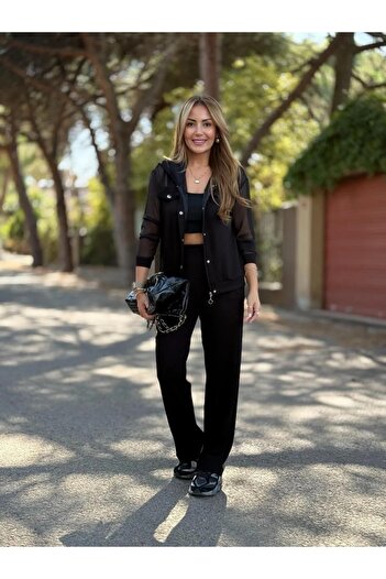 QİMYA BUTİK Şans Li̇fe Women's Tulle Detailed Hooded Jacket and Pants Two-Piece Set