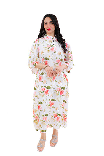 amaan Women Floral Print Midi Jalabiya, Chiffon Fabric, 3/4 Sleeve Button-Up Dress, Elegant Modern outfit
