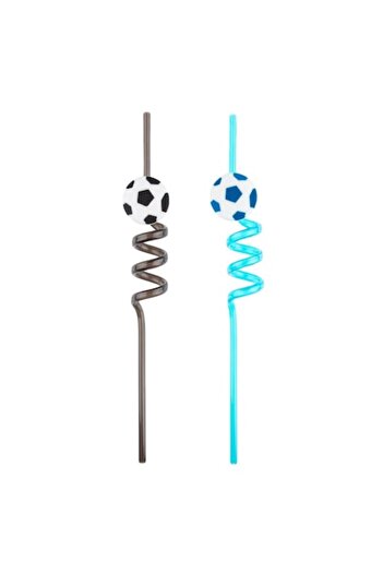 SHOPIENS Reusable Twisted Straws with Football Figurine, Set of 2, Blue & Black, 6x270 mm