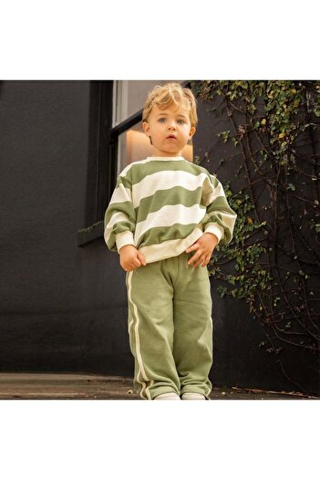 Magu Unisex Kids Cotton Green Striped Sweatshirt and Striped Sweatpants Set - Relaxed Fit