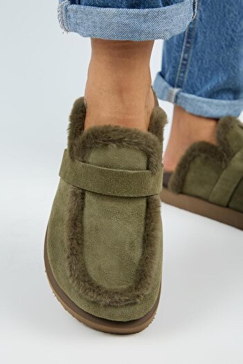 Manijero (Ecemi Platform) Papuci pentru femei din piele naturală, cu platformă, din shearling, papuci kaki