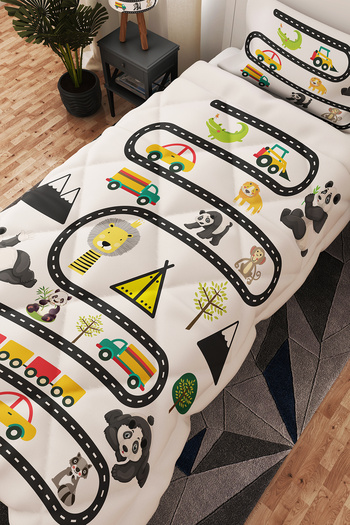 BelezaHome Black and White Cute Panda Car Monkey Patterned Single Children's Quilt Sleeping Set