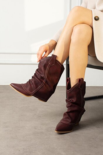 ShoeTek Cizme de cowboy pentru femei Livinya, piele mată bordeaux cu burduf