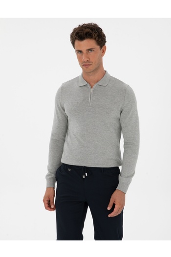 Pierre Cardin Slim Fit Polo Collar Zippered Basic Knit Sweater