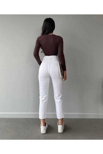 MAKRAS EXCLUSIVE A129973 High-Waisted White Mom Jean High Waist Jeans Skinny Leg Denim Pants