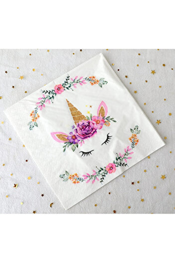 Partifabrik Colorful Flowers Unicorn Themed White Paper Napkins 16 Pieces