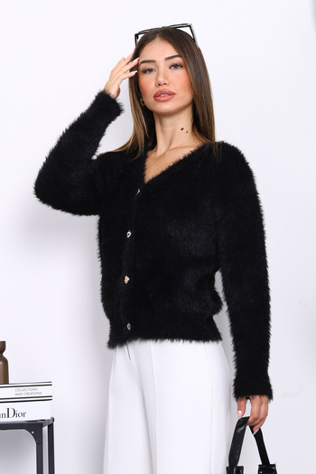 İmajButik Black Buttoned Short Angora Soft Knit Cardigan