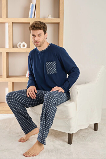 Pijamoni Men's Crew Neck Pocket Detailed Navy Blue Pajama Set